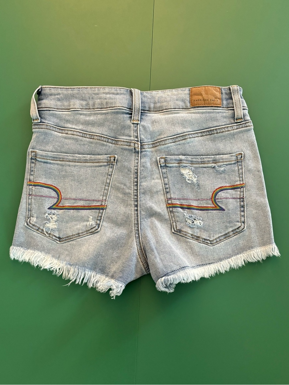 American Eagle Outfitters Size 2 Light Blue Denim Shorts with Rainbow stitching